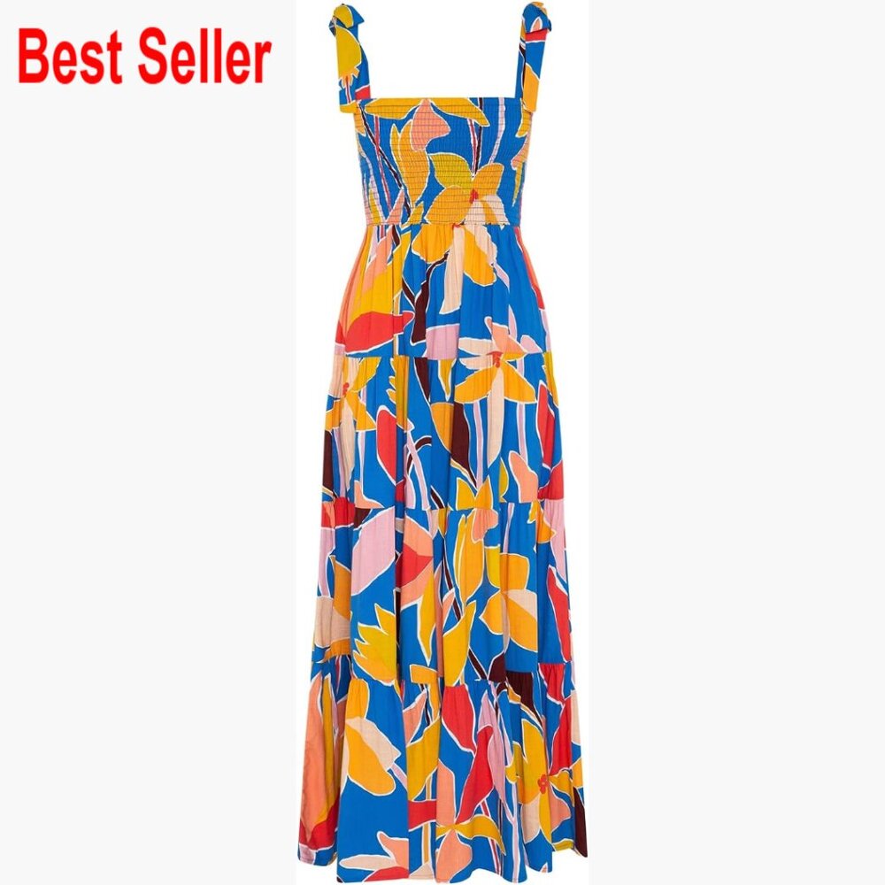 Polyester Spaghetti Strap Square Neck Ruffle Maxi… - image 1